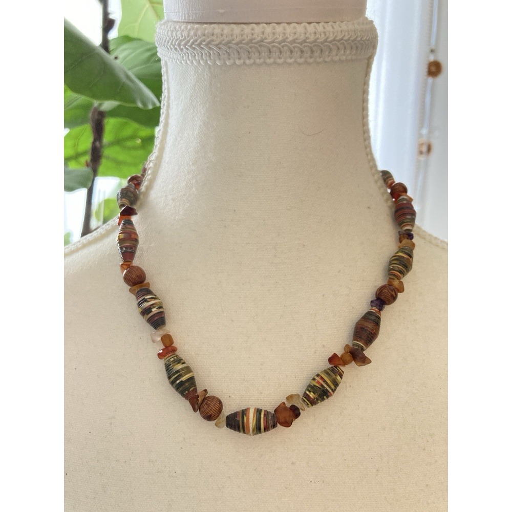 Earth Tone Paper Bead Necklace Handmade Rustic Bohemian‎ Artisan Artsy Collar